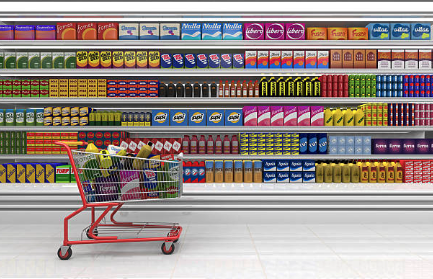 Shopping cart in supermarket alley